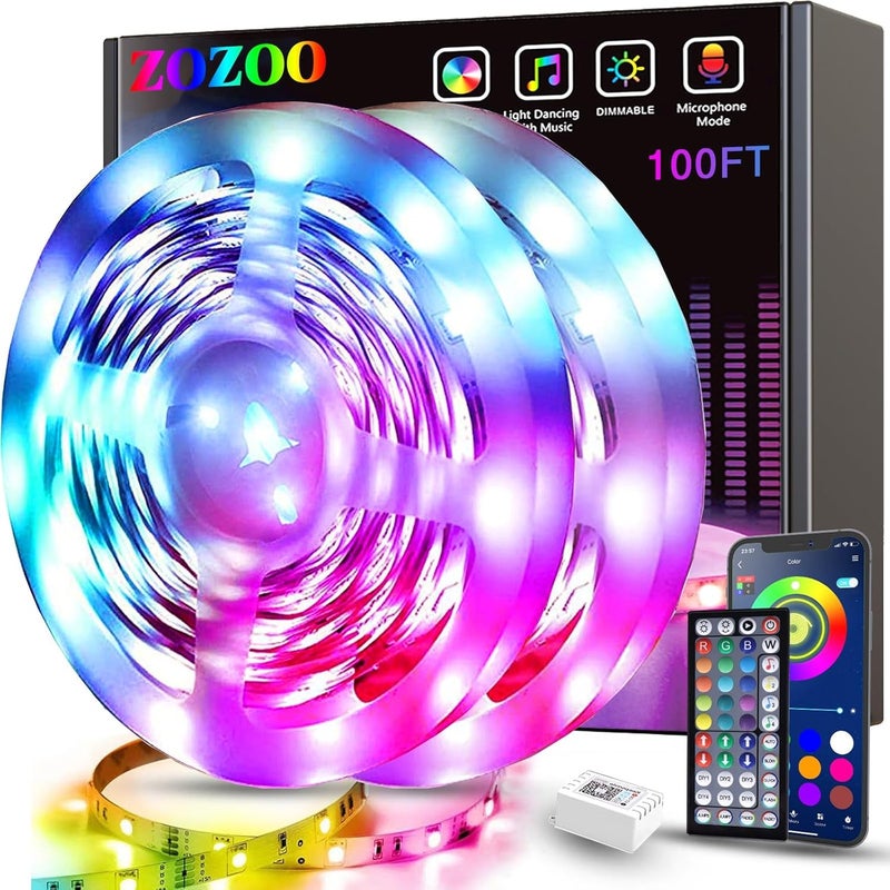 ZOZOO 100ft Led Lights for Bedroom(2 Rolls of 50ft), Smart RGB Led Strip Lights with 44-Key Remote & APP Control Music Sync with Color Changing for Home Party Festival Decoration - Image 1